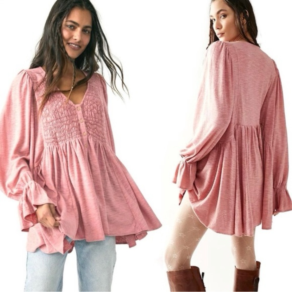 Free People Don't Call Me Baby Ruffle Long Sleeve Tunic Top Rosie Small